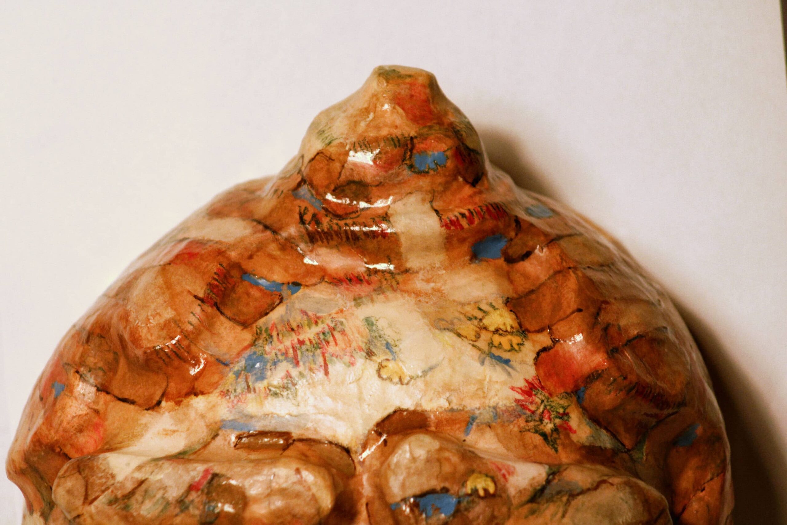 top of a sculpted head, with muddy cartoon strokes etched into leathery, gleaming texture